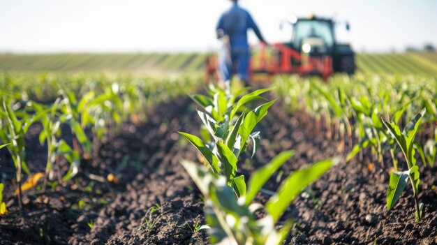 Un agriculteur en combinaison tend manuellement à un champ de récoltes avec un tracteur à distance tirant un