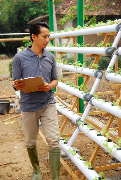 Photo l'agriculteur contrôle la croissance des légumes biologiques