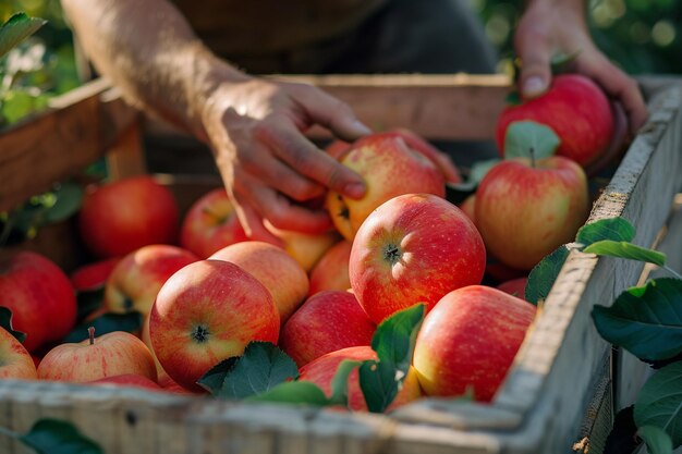 Un agriculteur cueille à la main des pommes fraîches dans un verger avec de l'intelligence artificielle