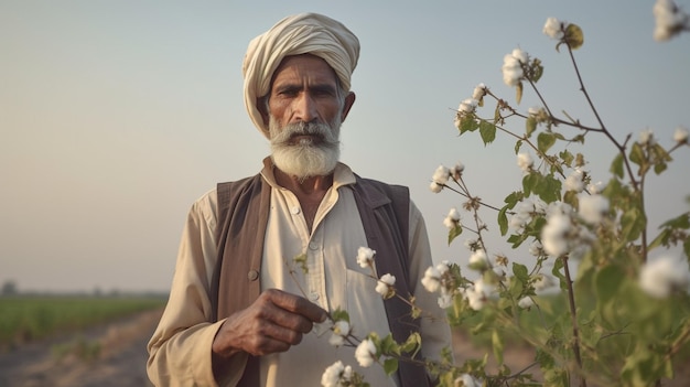 Un agriculteur dans un champ de coton