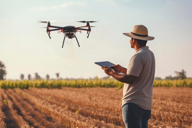 Photo un agriculteur dans un champ volant un drone agricole pulvérisant des pesticides