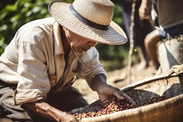 Un agriculteur dans un chapeau de paille récolte des grains de café.