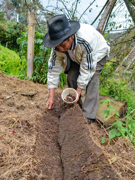 Agriculteur dans une ferme biologique dans les montagnes du Pérou