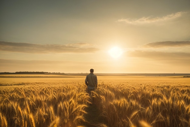 Agriculteur debout dans un champ de blé et regardant le coucher du soleil