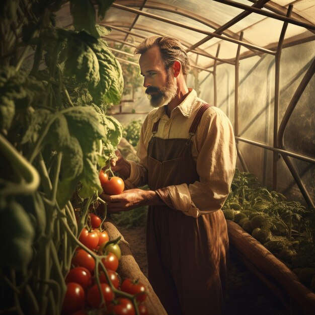 agriculteur debout près de plants de tomates en serre Générative ai