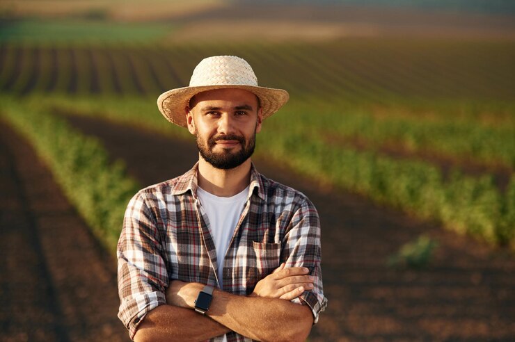 Photo l'agriculteur est sur le champ agricole.