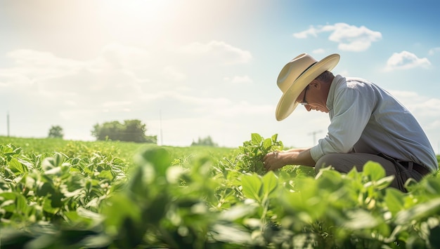 Agriculteur examinant des plants de soja dans le champ par une journée ensoleillée