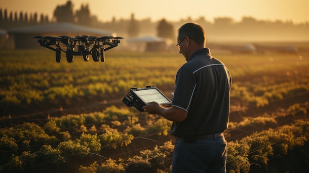 Agriculteur exploitant un drone avec un appareil photo numérique sur le terrain à la lumière du coucher du soleil Generative AI