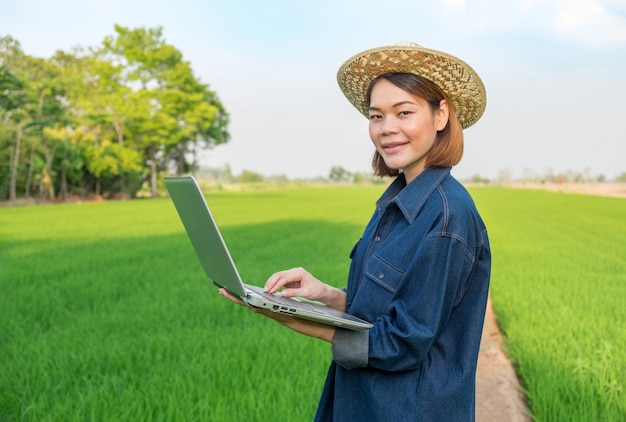 Agriculteur Femme Porter Un Chapeau à L'aide D'un Ordinateur Portable Debout Sur Une Rizière Verte