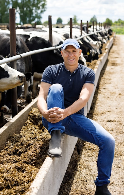 Agriculteur à la ferme avec des vaches laitières