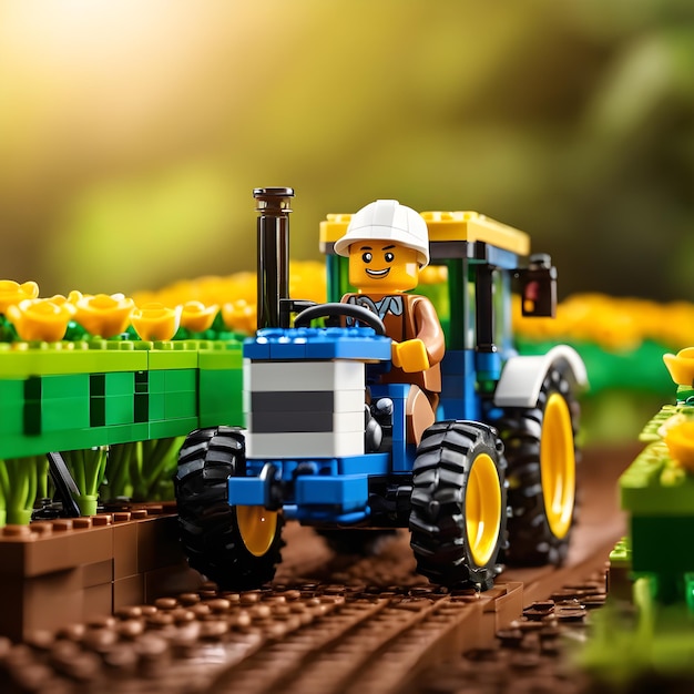 un agriculteur heureux conduisant son tracteur bleu en pièces de jouets Lego