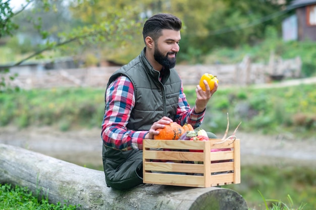 Agriculteur. Un homme aux cheveux noirs en chemise à carreaux avec une boîte de légumes