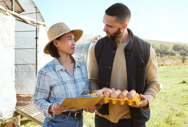 Agriculteur homme et femme pour l'inspection des œufs agriculture ou production dans une ferme avicole à la campagne Produit de poulet de l'équipe agricole ou processus d'assurance qualité pour le bien-être de la santé et les protéines des œufs