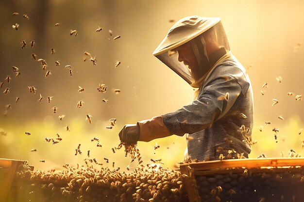 Un agriculteur inspectant une photo réaliste d'un cadre de ruche