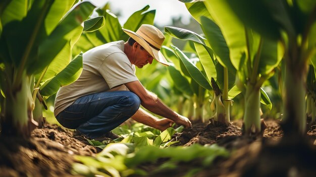 Un agriculteur inspecte des rangées de bananiers en bonne santé