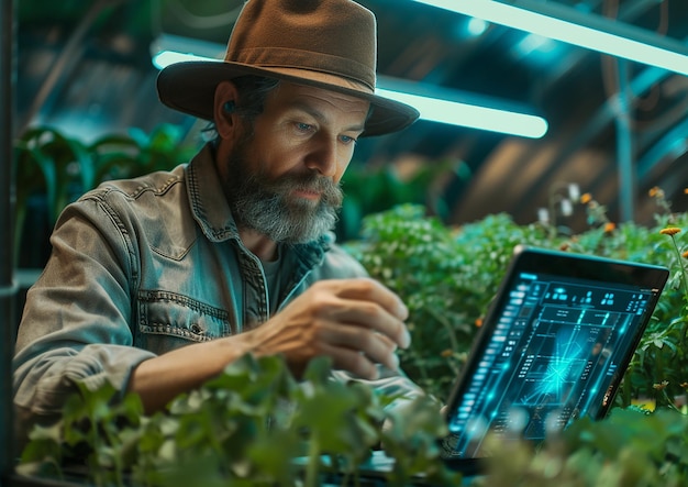 L'agriculteur intelligent contrôle les champs avec l'application Hologram dans l'ordinateur portable