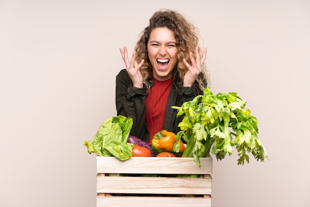 Agriculteur avec des légumes fraîchement cueillis dans une boîte sur beige malheureux et frustré par quelque chose