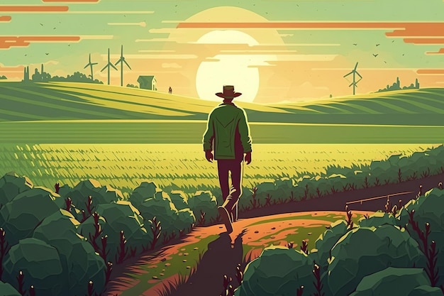 Un agriculteur marche à travers un jeune champ vert au coucher du soleil Un agriculteur adulte marche et vérifie son champ agricole Un homme marche sur un champ agricole Une personne marche sur une haute herbe verte