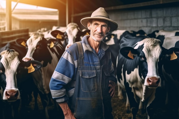 Un agriculteur mature sourit à huis clos, fier de son travail dans une ferme de campagne