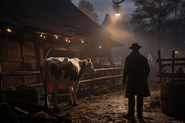 Un agriculteur nourrit des vaches à la ferme