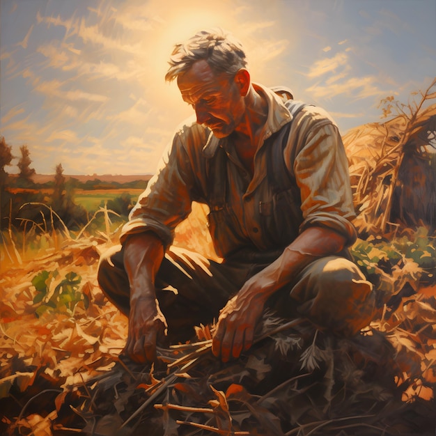 Un agriculteur patiné s'occupant de sa peinture à l'huile sur un champ ensoleillé