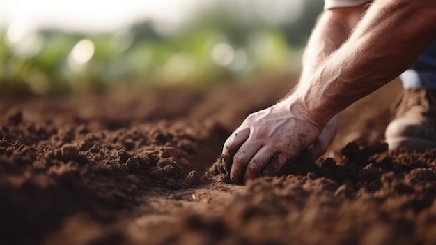 Agriculteur plantant des semis dans le sol en gros plan AI générative