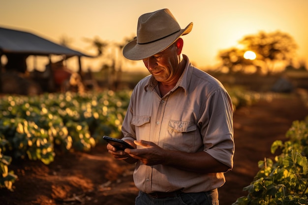 Un agriculteur plongé dans l'ère numérique gère sa ferme de manière transparente avec un smartphone