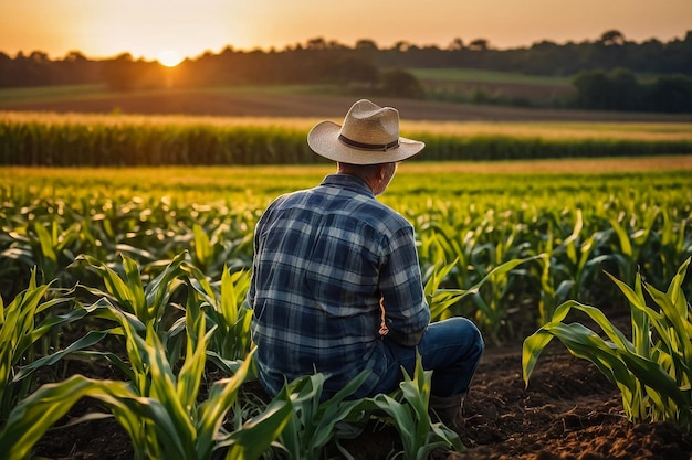 Un agriculteur profitant du coucher de soleil au-dessus d'un champ de maïs réfléchissant à l'agriculture durable et aux aliments sains avec un espace de copie suffisant pour la publicité