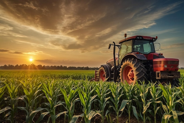 Un agriculteur profitant du coucher de soleil au-dessus d'un champ de maïs réfléchissant à l'agriculture durable et aux aliments sains avec un espace de copie suffisant pour la publicité