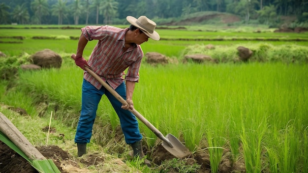 Un agriculteur qui utilise une pelle pour creuser le sol dans ses rizières