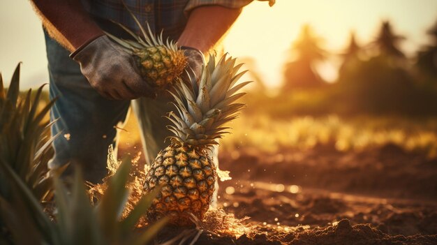 l'agriculteur récolte des ananas tropicaux frais et mûrs biologiques