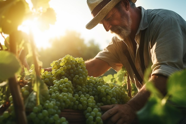 Un agriculteur récolte des raisins pendant les saisons de récolte générées par l'IA