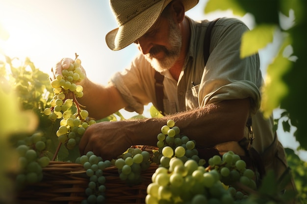 Un agriculteur récolte des raisins pendant les saisons de récolte générées par l'IA