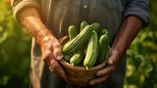 l'agriculteur a récolté une récolte de concombres dans un panier