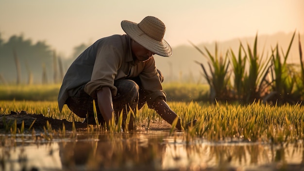 Un agriculteur et une rizière naturelle