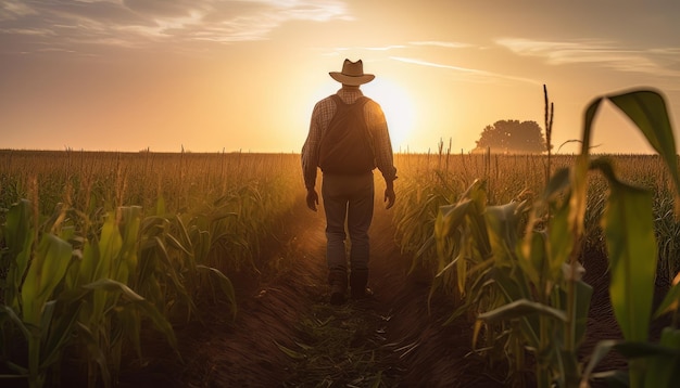 Un agriculteur se promène dans un champ de maïs au coucher du soleil.