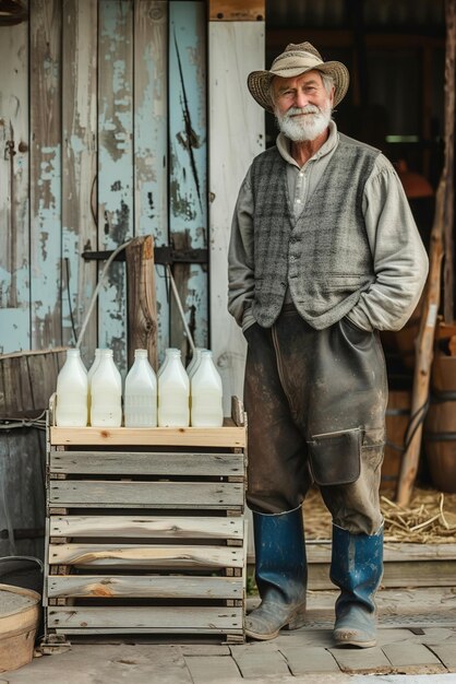 L'agriculteur se tient fièrement à côté de caisses de bouteilles de lait frais exposées sur un stand en bois à l'extérieur de son qu