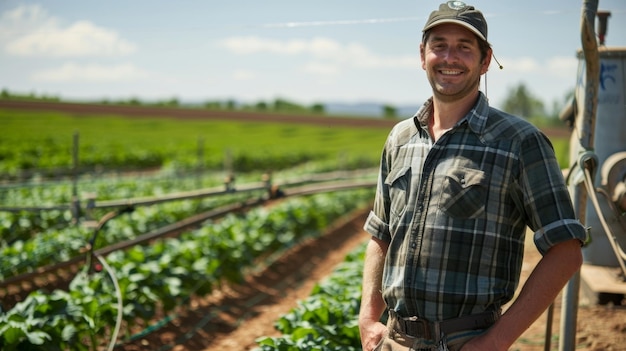 Un agriculteur se tient fièrement à côté de son équipement d'irrigation alimenté par les biocarburants, démontrant son engagement à