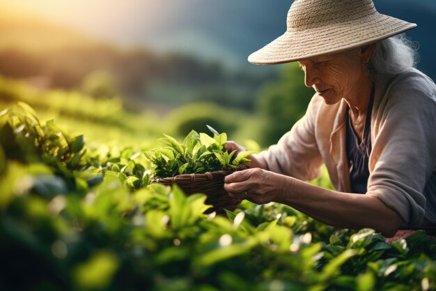 Un agriculteur senior cueillant des feuilles de thé