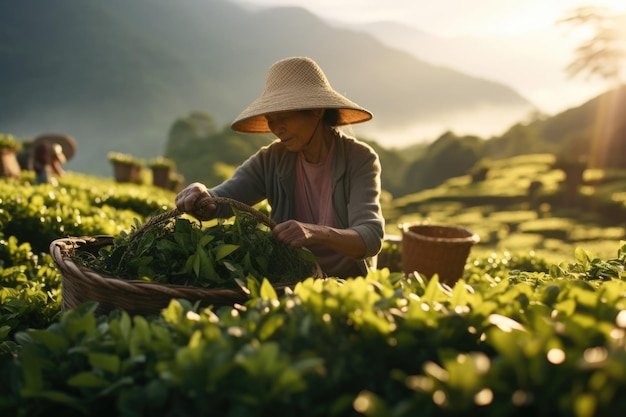 Un agriculteur senior cueillant des feuilles de thé