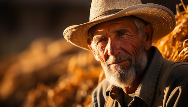 Agriculteur senior souriant regardant la caméra avec confiance générée par l'intelligence artificielle