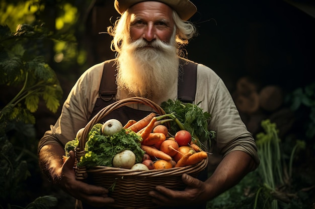 Un agriculteur serrant un panier rempli de légumes biologiques