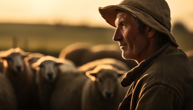 Un agriculteur souriant travaillant avec du bétail à l'extérieur généré par l'IA