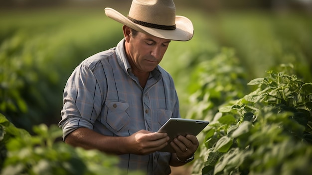 Un agriculteur surveille ses récoltes à l'aide d'une tablette