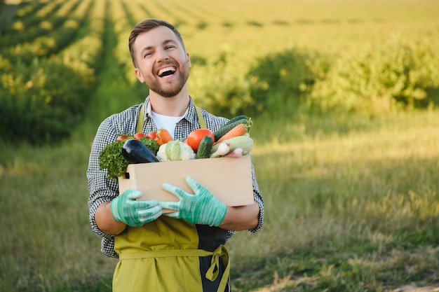 Agriculteur tenant une boîte avec des légumes dans le champ