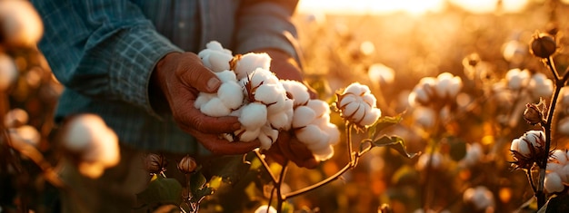Photo agriculteur tenant des fleurs de coton dans le champ focus sélectif