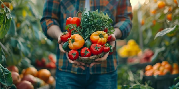 Agriculteur tenant des légumes dans ses mains IA générative