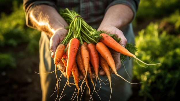 Agriculteur tenant une récolte de carottes dans ses mains