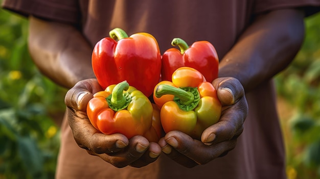 Agriculteur tenant une récolte de poivrons