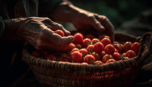 Un agriculteur tenant une tomate mûre du potager générée par l'IA